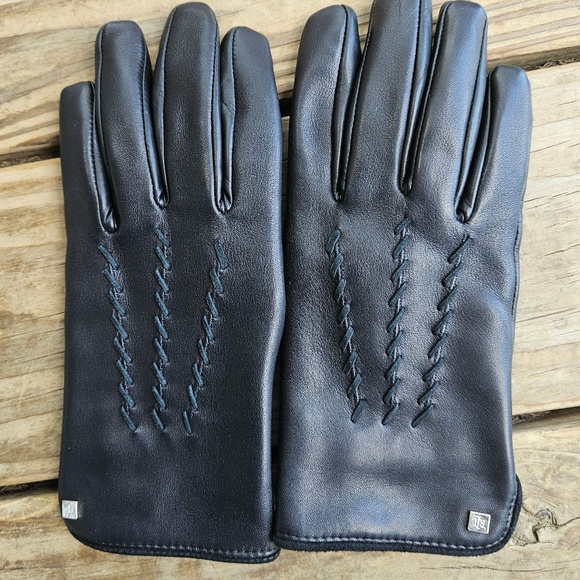 Lauren Ralph Lauren 100% Leather Black Whipstich Tech Touch Gloves Women's S/M - Picture 1 of 6